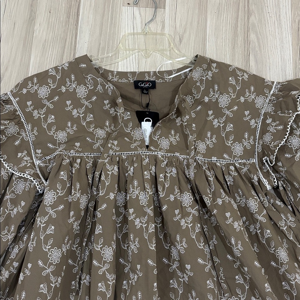 Gigio Vintage Floral Print Ruffle Sleeve Embroidered Dress Size L NWT‎ - Picture 6 of 14